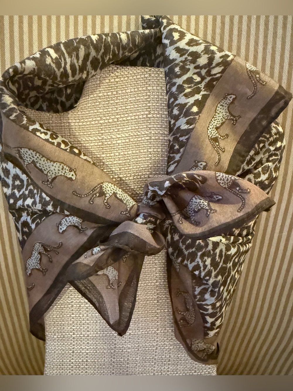 Vintage Krizia Silk Chiffon Leopard Animal Print Square Scarf Hand Rolled Hem